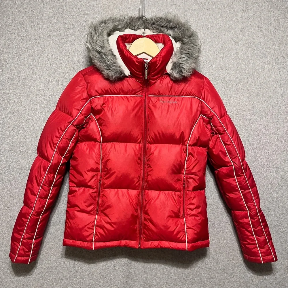 Red Down Fleece Jacket Coat Southpole Hooded Ski Teen Small Women XS VTG Y2K